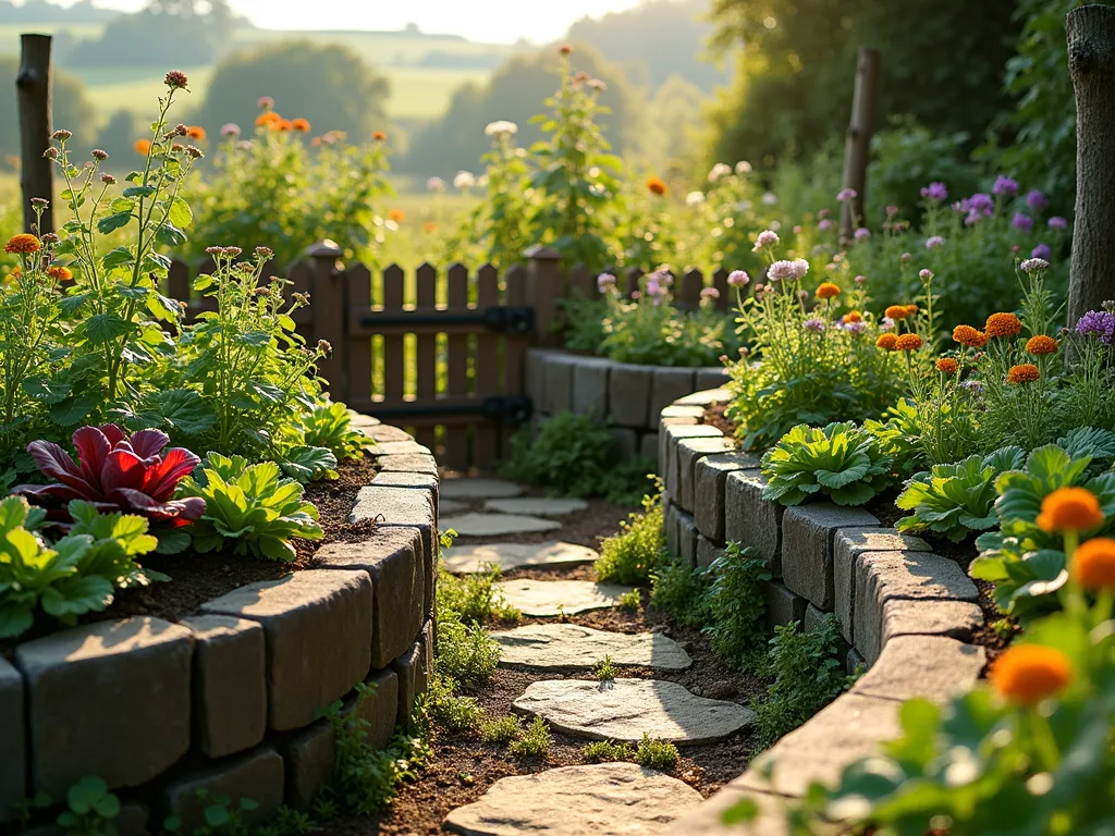 Whimsical Hobbit Vegetable Garden Beds - A charming garden scene featuring curved, organically-shaped raised beds made of weathered timber and natural stone. The beds are overflowing with a lush mix of vegetables and edible flowers. Rainbow chard, climbing peas, and ruffled lettuce varieties create texture, while marigolds, nasturtiums, and borage add splashes of color. Morning light casts a golden glow across the scene, highlighting the rustic materials and dewy plants. A small wooden gate with iron hardware connects the beds, while a moss-covered stone pathway weaves between them. The background suggests rolling hills and distant trees, creating a Shire-like atmosphere.