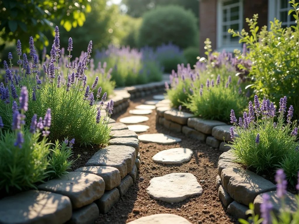 Whimsical Stone-Bordered Herb Garden - A charming cottage-style herb garden with irregular, winding stone borders creating multiple small patches. Lush clusters of sage, thyme, rosemary, and lavender growing in organized chaos, their varying heights and textures creating a tapestry of greens and purples. Morning sunlight casting gentle shadows across weathered stone edging, with small stepping stones winding between the patches. Shot from a low angle to emphasize the magical, Hobbit-like perspective, with soft bokeh effect in background. Photorealistic, highly detailed, garden photography style.