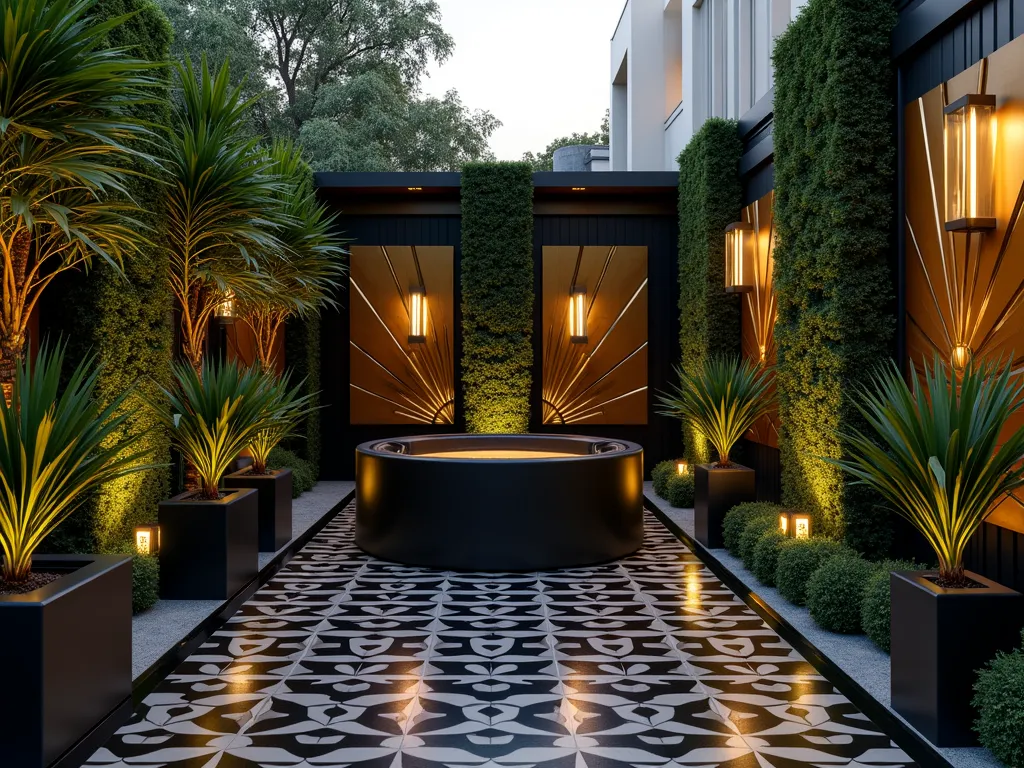 Art Deco Hot Tub Garden Sanctuary - A twilight scene of an elegant outdoor hot tub space with strong Art Deco influences, photographed from a wide angle. A sleek black hot tub is surrounded by geometric black and gold tiled flooring in a fan pattern. Tall, structural bamboo plants create dramatic vertical lines, while perfectly manicured boxwood hedges form angular geometric shapes. Metallic gold privacy screens with classic Art Deco sunburst patterns frame the space. Large bronze planters contain architectural Phoenix palms and spiky Sansevierias. Modern sconce lighting fixtures cast dramatic shadows, while strategically placed mirrors with gold geometric frames reflect the garden and expand the space. The scene is accented by soft uplighting on the plants and subtle underwater lighting in the hot tub, creating a sophisticated atmosphere. Photorealistic, high-end luxury garden design, architectural photography.