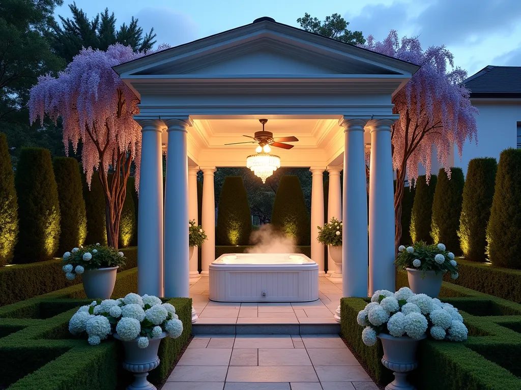 Elegant Hot Tub Pavilion at Dusk - A stunning DSLR wide-angle shot of a luxurious white classical garden pavilion housing a hot tub, captured at dusk. The pavilion features elegant Doric columns, a pitched roof with detailed crown molding, and antique bronze ceiling fans. Wisteria vines gracefully climb the columns, with soft purple blooms cascading down. Professional landscape lighting illuminates the structure, casting warm ambient light through the pavilion and highlighting manicured boxwood hedges and white hydrangeas surrounding the base. Crystal pendant chandeliers inside create a romantic atmosphere, reflecting off the steaming water of the hot tub. Natural stone pavers lead to the pavilion, with classical urns containing trailing ivy positioned at the entrance. The composition captures the pavilion's grand scale while showcasing the intimate garden setting, photographed at f/8 for perfect depth of field, creating a dreamy, resort-like atmosphere.