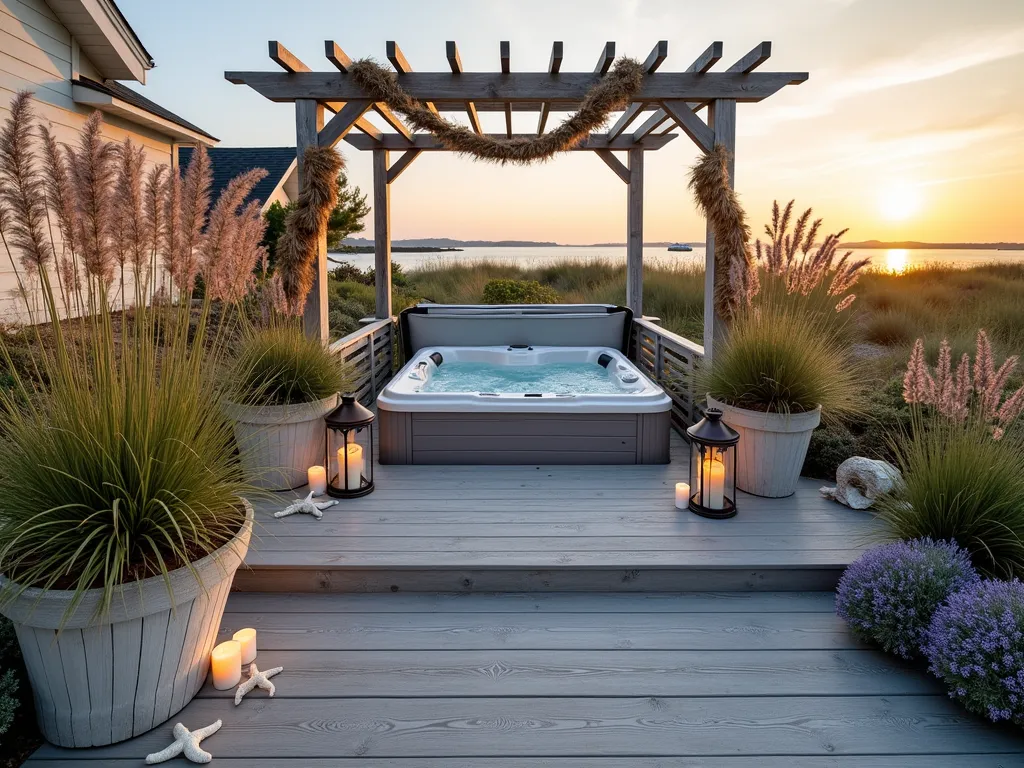 Coastal Hot Tub Retreat at Sunset - A luxurious beachside hot tub deck photographed during golden hour, featuring a premium hot tub nestled within a weathered gray composite deck. Swaying coastal ornamental grasses, including feather reed grass and blue lyme grass, create a natural privacy screen. Whitewashed cedar pergola draped with nautical rope and weathered driftwood accents frame the scene. Maritime container gardens showcase blooming sea lavender, beach roses, and silvery artemisia. Vintage lanterns with rope details cast a warm glow, while scattered seashells and bleached starfish add authentic coastal charm. Shot with a wide-angle lens capturing the entire retreat space with ocean-inspired décor and natural textures, f/8, golden sunset lighting creating dramatic shadows across the textured deck boards.