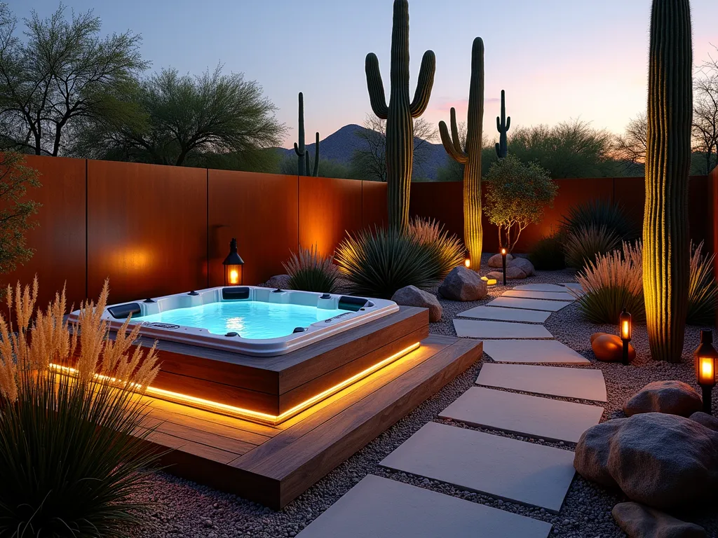 Desert Hot Tub Oasis at Dusk - A luxurious outdoor hot tub setting photographed at dusk with a wide-angle lens, showcasing a modern spa nestled within a desert-inspired landscape. The hot tub features weathered IPE wood decking and is surrounded by dramatically lit architectural cacti and succulents. Mexican feather grass sways in the foreground while tall saguaro cacti create striking silhouettes against the warm sunset sky. Decorative copper lanterns and weathered Corten steel panels add industrial elegance, while strategically placed LED uplighting casts dramatic shadows from the desert plants across smooth pebble groundcover. A curved pathway of large format concrete pavers leads to the hot tub area, bordered by glowing garden orbs and golden barrel cacti. The space is accented with rust-colored pottery and natural boulder outcroppings, creating an intimate desert retreat atmosphere. Shot with shallow depth of field to highlight evening ambient lighting and plant textures.