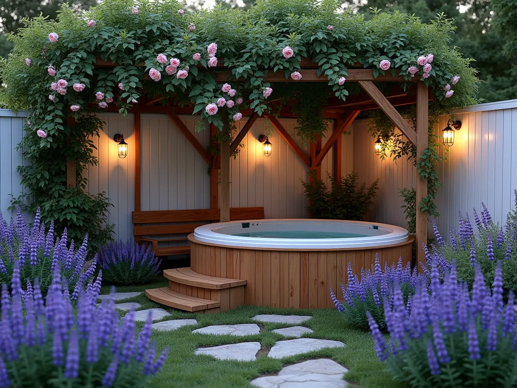 Enchanted Cottage Hot Tub Garden - A dreamy twilight garden scene featuring a cedar hot tub nestled within a lush cottage garden. White picket fencing draped with climbing pink roses frames the space. Around the hot tub, masses of lavender, delphinium, and foxgloves create layers of purple and blue blooms. A weathered wooden arbor covered in clematis provides privacy, while vintage copper lanterns cast a warm glow. Stone pathways wind through beds of fragrant herbs including thyme and rosemary. Rustic wooden benches and weathered terracotta pots complete the romantic cottage atmosphere. Soft evening light filters through the foliage, creating a magical ambiance. Photorealistic, highly detailed, wide-angle perspective.