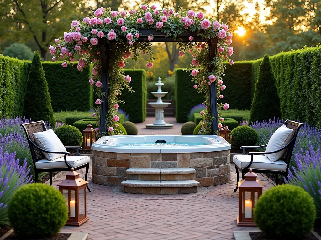 Elegant English Garden Hot Tub Retreat - A luxurious outdoor hot tub nestled within a romantic English garden at golden hour, photographed with a wide-angle DSLR lens at f/8. The hot tub features a natural stone surround, complemented by weathered brick pathways winding through immaculately maintained boxwood hedges. Climbing David Austin roses in soft pink cascade over an ornate iron pergola above the hot tub. A classical stone fountain with cherubs serves as a focal point, while beds of lavender, delphinium, and foxgloves create layers of purple and blue blooms. Traditional wrought iron garden furniture with plush cushions sits nearby on a brick patio. Soft evening light filters through the foliage, creating a magical atmosphere enhanced by strategically placed copper garden lanterns. The composition maintains perfect symmetry, characteristic of English garden design, with manicured topiary balls flanking the hot tub.