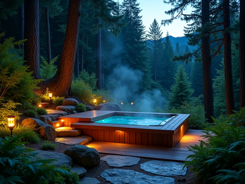 Woodland Hot Tub Sanctuary - A serene twilight scene of a luxurious cedar-trimmed hot tub nestled at the edge of a lush forest, captured with a wide-angle lens. Native ferns and moss gardens create a natural transition from the structured deck to the wild woodland. Stone pathways illuminated by warm copper path lights wind through Japanese Forest Grass and Western Sword Ferns. Soft ambient lighting beneath the tub creates a magical glow, while the forest canopy frames the scene with dappled moonlight filtering through. The composition showcases the seamless blend between modern luxury and natural wilderness, photographed during the blue hour with mist gently rising from the warm water. Shot at f/8 for perfect depth of field, capturing both intricate plant details and the mysterious forest backdrop.