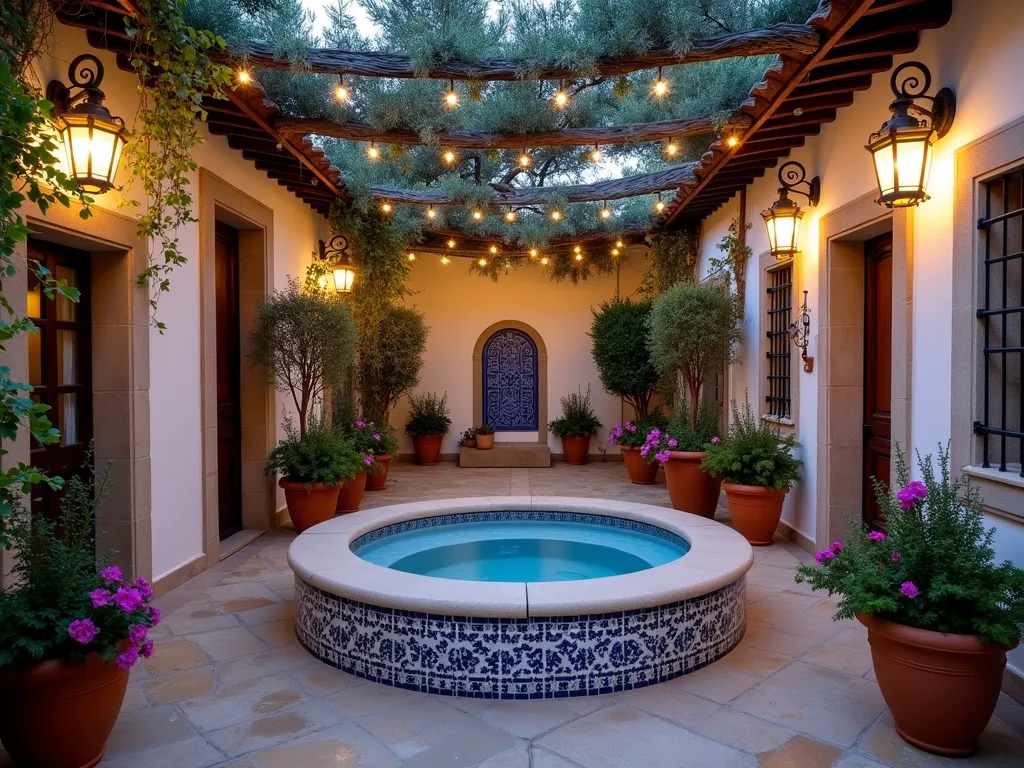 Elegant Mediterranean Hot Tub Courtyard at Dusk - A luxurious Mediterranean courtyard garden at dusk, photographed with a wide-angle lens capturing a built-in hot tub surrounded by authentic terracotta pots and climbing bougainvillea on whitewashed walls. Classical stone columns frame the space, with ornate wrought iron pergola overhead draped in soft bistro lights. Mature olive trees cast romantic shadows while lavender borders perfume the air. Intricate blue and white mosaic tiles line the hot tub and create patterns on nearby walls. Ambient lighting illuminates the space with a warm golden glow, shot at f/2.8 with subtle depth of field, ISO 400, creating a dreamy atmosphere. Terra cotta planters overflow with Mediterranean herbs and flowers, while a decorative mosaic fountain trickles nearby.