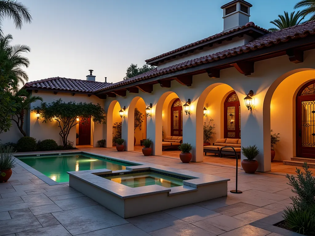 Luxurious Mediterranean Pool House Hot Tub Retreat - A stunning wide-angle dusk shot of an elegant Mediterranean-style pool house featuring a sunken hot tub surrounded by terra cotta tiles and classic columns. Warm lighting emanates from wrought iron lanterns, casting a golden glow on the cream-colored stucco walls with arched doorways. Potted lemon trees and rosemary bushes line the covered patio, while climbing bougainvillea adorns the structure. The pool house features traditional Mediterranean architectural elements including a red-tiled roof, exposed wooden beams, and ornate wrought iron window details. Natural stone pavers create an inviting path to the hot tub area, where copper water features provide gentle ambient sounds. Shot with a DSLR camera at f/8, ISO 100, capturing the magical transition between day and night, with subtle landscape lighting highlighting the architectural details. 8K resolution, photorealistic quality.