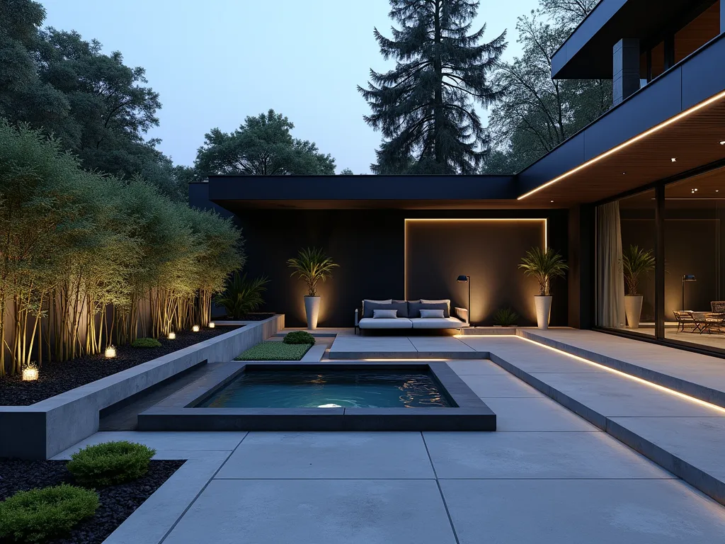 Minimalist Hot Tub Courtyard at Twilight - A sleek contemporary courtyard garden at twilight, featuring a luxurious built-in hot tub with infinity edge surrounded by polished concrete decking. Clean geometric lines dominate the space with rectangular planters containing tall bamboo and architectural succulents. Modern steel pergola overhead with integrated LED strip lighting casting dramatic shadows. Minimalist water feature with sheet waterfall against a dark accent wall. Strategic uplighting illuminates specimen Japanese maple and sculptural plants. Wide-angle view showcasing the cohesive modern design with subtle blue-toned ambient lighting reflecting off the polished surfaces.