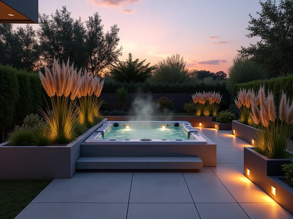 Contemporary Hot Tub Garden with Modern Planters - A twilight garden scene featuring a sleek modern hot tub surrounded by sophisticated concrete and metallic planters of varying heights (2-6 feet). The architectural New Zealand flax plants with their striking sword-like leaves create bold silhouettes against the warm evening sky. Tall ornamental grasses sway gently, their feathery plumes catching the golden hour light. The minimalist containers are arranged in an asymmetrical pattern on a smooth concrete patio, some featuring built-in LED lighting that casts dramatic shadows. Shot from a wide angle at f/8, capturing the interplay of natural sunset light and subtle landscape lighting, with the steam rising mysteriously from the hot tub's surface. DSLR photography with professional lighting, 16-35mm lens, ISO 100, 1/125 sec