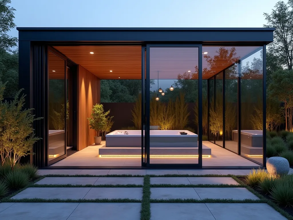 Contemporary Glass Hot Tub Pavilion - A twilight scene of a luxurious modern glass hot tub enclosure in a minimalist garden setting, shot from a wide angle. The sleek structure features floor-to-ceiling frameless glass panels with elegant bi-fold doors opened to one side. The hot tub sits on a raised concrete platform with subtle LED strip lighting underneath. Tall ornamental grasses and architectural bamboo create gentle movement outside the glass walls, while minimalist pendant lights hang from the glass ceiling. The enclosure's clean lines are highlighted by warm interior lighting, creating a captivating reflection on the still water of the hot tub. Modern grey porcelain pavers surround the structure, with strategic uplighting illuminating the contemporary landscape design.