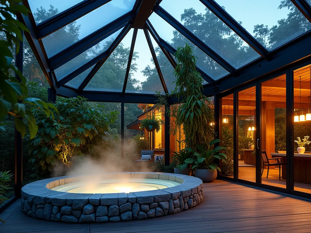 Modern Greenhouse Hot Tub Oasis - A stunning dusk photograph of a contemporary glass greenhouse in a luxurious backyard, captured with a wide-angle lens at f/2.8. Inside, a sleek stone-surrounded hot tub steams invitingly, while dramatic uplighting highlights towering Monstera deliciosa and Birds of Paradise plants. Hanging baskets with trailing pothos and orchids create layers of lush greenery. Modern pendant lights cast a warm golden glow through the greenhouse's geometric frame structure. Condensation dots the glass panels, creating an ethereal atmosphere. The greenhouse's sliding glass doors are partially open to a wooden deck, blending indoor-outdoor spaces seamlessly. Shot at blue hour with interior lighting creating a captivating contrast between the warm interior and cool exterior tones.