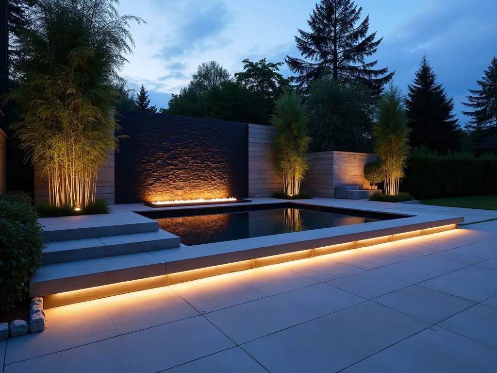 Modern Hot Tub Oasis with Linear Fire Feature - DSLR photo of a luxurious contemporary outdoor space at dusk, featuring a sleek built-in hot tub with infinity edge surrounded by smooth grey concrete pavers. A dramatic 6-foot linear fire feature runs parallel to the tub, casting warm reflections on the water's surface. Minimal architectural plantings including three tall black bamboo clusters provide privacy. Modern LED strip lighting illuminates the steps leading to the hot tub and highlights the clean geometric lines. A subtle waterfall feature cascades down a textured black granite wall behind the tub. The space is captured from a wide angle showing the entire composition, with the warm glow of the fire contrasting against the cool blue LED lighting and the twilight sky.