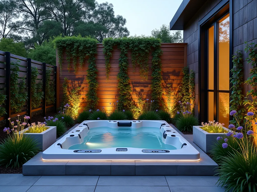 Modern Living Privacy Wall with Hot Tub Haven - A stylish modern garden setting at dusk featuring a luxurious hot tub nestled against a stunning living privacy wall. The wall combines vertical gardens with architectural cedar panels, creating a 8-foot-high natural screen. Cascading ornamental Japanese Forest Grass and Purple Fountain Grass sway gracefully alongside climbing Star Jasmine and Boston Ivy. Built-in LED-lit concrete planters showcase blooming Purple Coneflowers and Black-Eyed Susans. Soft landscape lighting illuminates the textured wall, creating dramatic shadows. The scene is captured from a wide angle, showing the full height and span of the living wall, with the steaming hot tub positioned perfectly in the foreground. Modern metal trellises provide structure for the climbing vines, while subtle evening lighting creates an intimate, spa-like atmosphere.