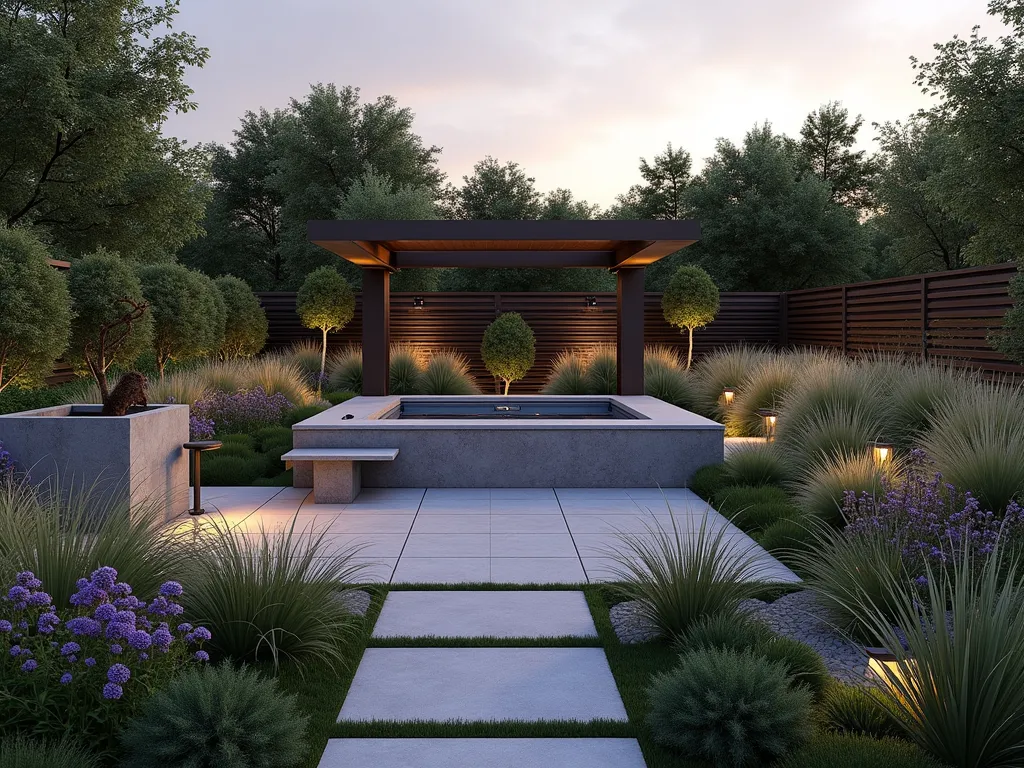 Modern Prairie Hot Tub Retreat - A twilight scene of a luxurious built-in hot tub nestled within a modern prairie-style garden. The hot tub features clean horizontal lines and is surrounded by layers of flowing ornamental grasses like Feather Reed Grass and Little Bluestem. Natural limestone pavers create a geometric pathway leading to the hot tub. Waves of purple coneflowers, black-eyed susans, and native sage provide bursts of color. Modern LED path lights are integrated into the landscaping, casting dramatic shadows through the grasses. A sleek pergola with horizontal slats provides partial coverage, while architectural cor-ten steel planters add contemporary contrast. Shot from a wide angle to capture the harmonious blend of modern and natural elements, with the golden hour sun creating warm highlights on the grasses and stone elements. Photorealistic, ultra-detailed, 8k.