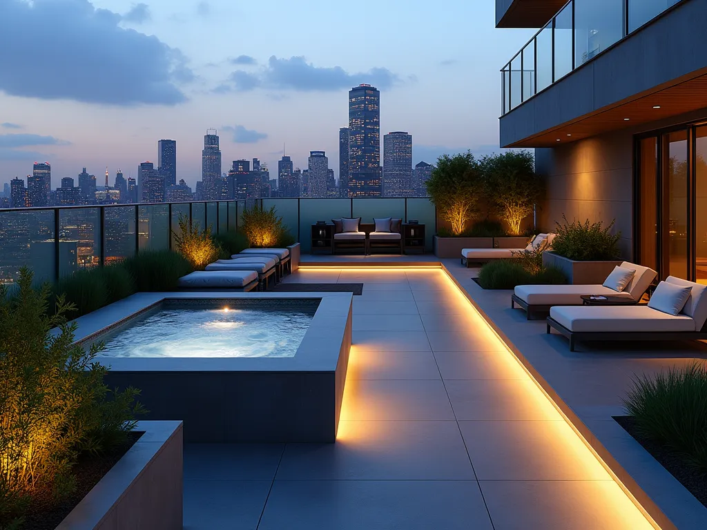 Modern Rooftop Hot Tub Haven - A luxurious rooftop terrace at dusk, photographed with a wide-angle lens, featuring a contemporary built-in hot tub surrounded by sleek concrete planters filled with ornamental grasses and bamboo. Minimalist lounge furniture in charcoal gray complements the space, while frosted glass privacy screens create intimate zones without blocking the dramatic city skyline. LED strip lighting illuminates the deck path and highlights architectural plants. Stainless steel container gardens showcase cascading plants and herbs. The composition captures the interplay of warm spa lighting and cool urban twilight, with the city lights beginning to twinkle in the background. Shot with a DSLR camera at f/8, ISO 100, 1/125 sec, emphasizing the clean lines and modern aesthetic while maintaining the warm, inviting atmosphere.