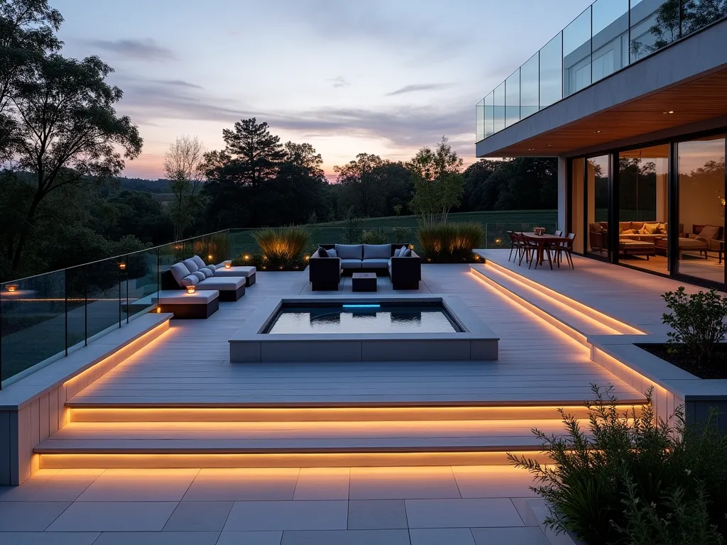 Modern Tiered Deck with Integrated Hot Tub - A stunning twilight scene of a contemporary multi-level deck featuring a seamlessly integrated rectangular hot tub. The deck is constructed from light gray composite materials with warm LED strip lighting illuminating each tier. Minimalist glass railings reflect the fading sunset while framing the natural landscape beyond. The hot tub is surrounded by built-in bench seating with hidden ambient lighting. Modern outdoor furniture in charcoal gray complements the space. Tall ornamental grasses and bamboo strategically placed provide privacy without compromising the clean lines. Wide-angle shot capturing the flowing transitions between levels and the architectural harmony of the space.