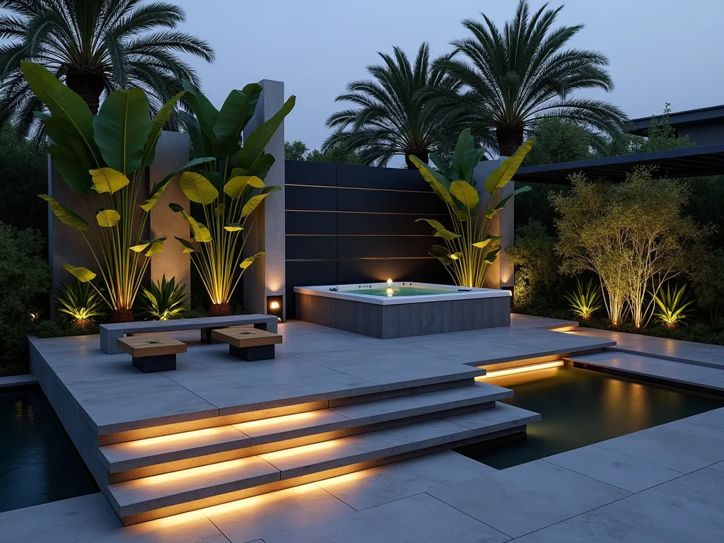 Modern Tropical Hot Tub Oasis - A dramatic dusk scene of a luxurious modern hot tub deck, featuring clean angular lines and minimalist concrete surfaces. The hot tub is surrounded by towering Monstera deliciosa and Bird of Paradise plants, their large leaves creating organic shadows against geometric privacy screens. Architectural LED uplighting illuminates the tropical foliage, casting dramatic shadows. A sleek waterfall feature with straight lines cascades into a reflection pool adjacent to the hot tub. The space includes built-in concrete benches with floating wooden seats, and metallic planters containing bamboo. Modern slate-gray porcelain tiles create a sophisticated deck surface, while strip lighting under floating steps adds atmospheric glow. Shot from a three-quarter elevated angle to showcase the harmonious blend of natural and contemporary elements.