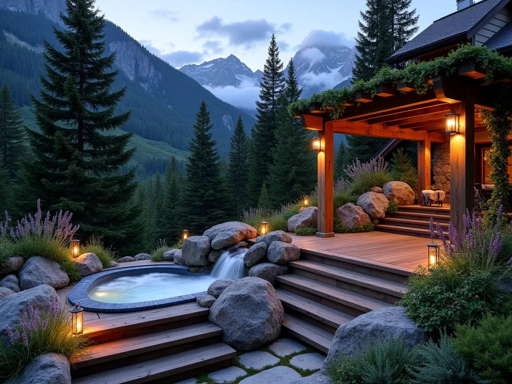 Luxury Mountain Hot Tub Retreat - A stunning twilight scene of a terraced mountain garden with a steaming hot tub nestled among natural granite boulders. The hot tub deck is crafted from weathered cedar, surrounded by tall Blue Spruce trees and native Alpine flowers. Stone steps wind through multiple levels, accented with uplighting. Rustic timber pergola overhead draped with climbing plants. Dramatic mountain peaks visible in background. Natural rock waterfall cascades near hot tub. Copper lanterns provide ambient lighting. Dense evergreen screening creates intimate atmosphere. Scattered granite boulders with cushions of creeping thyme and native grasses. Wide-angle perspective captures entire multi-level space. Photorealistic, architectural photography style.