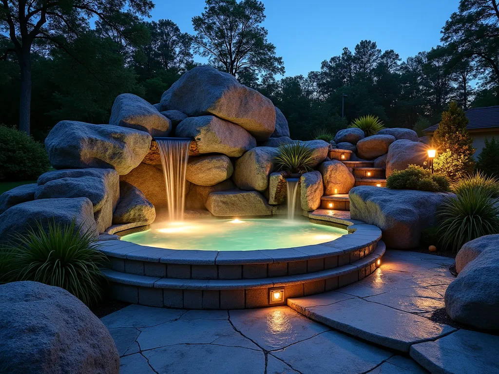 Luxurious Natural Rock Hot Tub Oasis - A stunning twilight wide-angle shot of a luxury hot tub nestled among massive natural granite boulders in a backyard setting. The hot tub features a cascading waterfall flowing from artfully stacked stone walls, with warm LED uplighting illuminating the rock faces. Native ferns and ornamental grasses peek between the rocks, creating a lush, organic feel. The steam rising from the crystal-clear water catches the ambient lighting, while natural flagstone pavers create an elegant pathway leading to the spa. The scene is captured with professional photography techniques, highlighting the interplay of water, stone, and light, shot at f/8 for perfect depth of field, creating a serene and inviting atmosphere reminiscent of high-end resort spas.