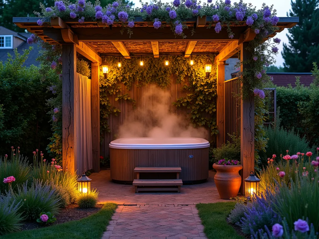 Enchanted Rustic Hot Tub Haven - A twilight photograph of a secluded garden hot tub retreat, shot at f/2.8 with a 16-35mm lens. An aged wooden pergola draped with flowering wisteria and twinkling string lights frames a steaming hot tub nestled among cottage-style flower beds. Weathered brick pathways wind through beds of lavender and roses, leading to the intimate space. Vintage copper lanterns cast a warm glow on reclaimed barn wood privacy screens. Antique iron garden gates and weathered terracotta pots add character, while climbing ivy and clematis soften the rustic elements. The scene is captured in golden hour lighting, creating a magical atmosphere with soft shadows and ethereal steam rising from the hot tub.