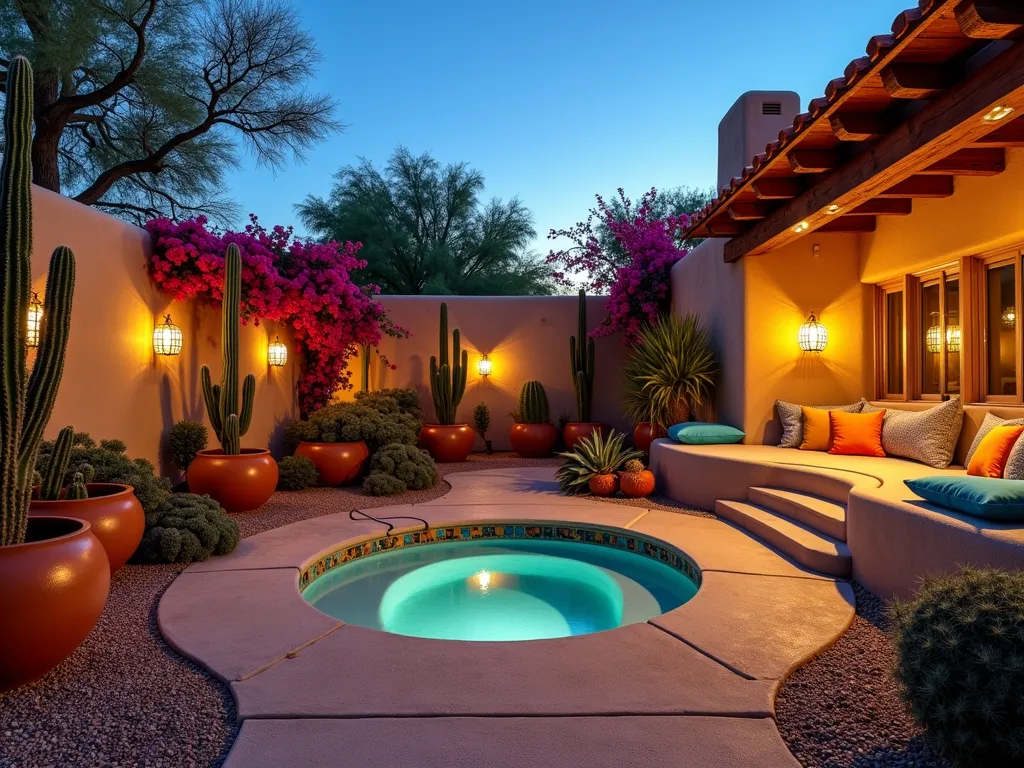 Luxurious Southwest Hot Tub Oasis at Dusk - A stunning wide-angle twilight view of a luxurious southwestern garden hot tub area, featuring a sunken hot tub surrounded by adobe-style curved walls with embedded colorful Mexican tiles. Terra cotta planters housing majestic saguaro cacti and golden barrel cacti line the space. Dramatic uplighting illuminates tall desert plants and casts beautiful shadows on the textured adobe walls. Handcrafted Mexican pottery and copper lanterns add authentic charm. A pergola with weathered wooden beams provides partial coverage, while vibrant bougainvillea cascades down the walls. The space is accented with turquoise and orange outdoor cushions on built-in seating, creating a warm, inviting atmosphere. Natural stone pavers and crushed desert gravel complete the authentic southwestern landscaping. Photorealistic, architectural photography style, golden hour lighting.