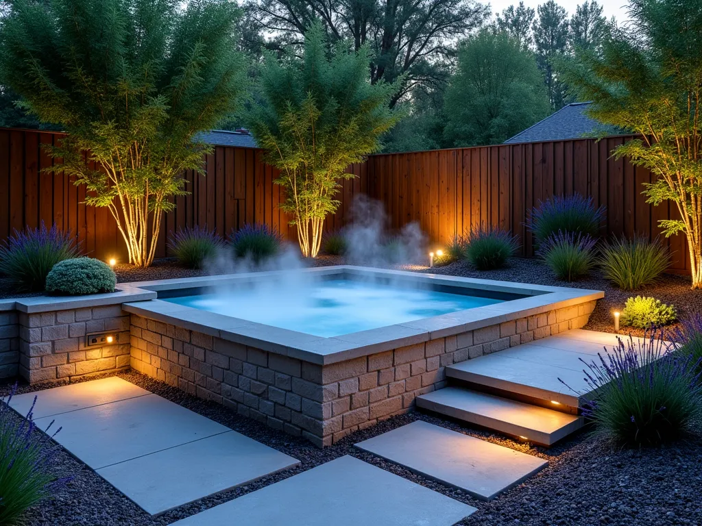 Sunken Hot Tub Garden Paradise - A luxurious sunken hot tub nestled within a contemporary garden setting, photographed at dusk with ambient lighting. The hot tub is set 2 feet below ground level, surrounded by natural stone retaining walls and built-in planters filled with cascading ornamental grasses and lavender. Modern stepping stones made of large-format slate lead to the tub area. Architectural bamboo provides privacy screening, while strategic landscape lighting casts dramatic shadows. The space features a mix of Mediterranean and tropical plants, with decorative gravel and moss creating textural ground cover. Captured with a wide-angle lens showing the entire sunken area and surrounding landscape, with subtle LED uplighting illuminating the garden features. The composition emphasizes the intimate, spa-like atmosphere with steam rising from the water surface.