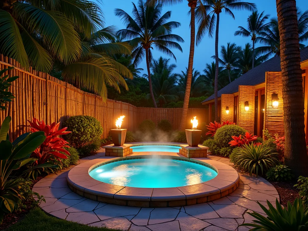 Luxurious Tropical Hot Tub Retreat - A stunning twilight photograph of a luxury hot tub nestled within a lush tropical garden setting, captured with a wide-angle perspective. The hot tub features natural stone coping and is surrounded by towering palm trees and exotic tropical plants. Illuminated tiki torches cast warm, golden light across elegant bamboo privacy screens. A winding natural stone pathway leads to the hot tub area, bordered by vibrant red and orange heliconia flowers and bird of paradise plants. Accent lighting highlights the tropical foliage, creating dramatic shadows. Steam gently rises from the crystal-clear water, while strategic landscape lighting creates a resort-like ambiance. Captured using a DSLR camera with a wide-angle lens at f/8, ISO 100, and 1/125 shutter speed to balance the twilight atmosphere with the warm artificial lighting.