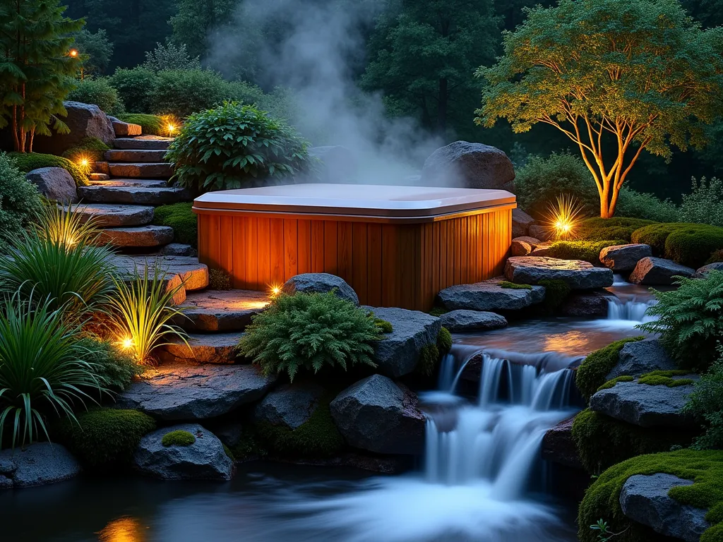 Enchanted Woodland Hot Tub Retreat - A twilight photograph of a luxury cedar hot tub nestled in a naturalistic woodland garden setting, shot at f/2.8 with a 16-35mm lens. A handcrafted stone stream cascades down multiple levels of moss-covered boulders, creating a serene waterfall that flows past the tub. Native ferns and hostas emerge from between rocks, while Japanese forest grass sways gently at the water's edge. Warm landscape lighting illuminates the flowing water and creates dramatic shadows among the foliage. The wide-angle composition captures the entire scene, with the steam rising from the hot tub mixing with the mist from the waterfall in the cool evening air. Small LED lights are tucked between rocks, creating a magical atmosphere as they reflect off the water's surface.