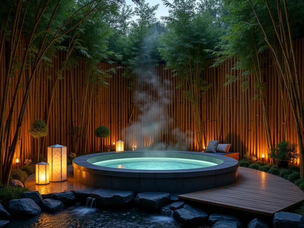 Zen Garden Hot Tub Bamboo Haven - A serene twilight scene of a luxury hot tub nestled within a dense bamboo forest enclosure. Tall, graceful Phyllostachys bamboo creates a natural privacy screen, their slender culms reaching skyward. Stone lanterns cast a warm, ambient glow through the bamboo stems, creating dramatic shadows. A modern circular hot tub with dark stone surround sits on a raised wooden deck platform. A small cascading water feature trickles over black river rocks nearby. Soft uplighting illuminates the bamboo from below, while paper lanterns hang from bamboo poles. The composition is photographed from a wide angle, capturing the entire peaceful sanctuary, with steam rising from the hot tub's surface. The scene is captured with shallow depth of field, creating a dreamy, ethereal atmosphere.