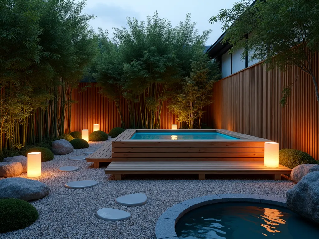 Tranquil Japanese Hot Tub Garden at Dusk - A serene Japanese-inspired garden setting at dusk, featuring a modern wooden hot tub nestled within a minimalist landscape. The scene is captured in a wide-angle view, showing bamboo groves creating natural privacy screens with their elegant silhouettes. Traditional stone lanterns cast a warm, gentle glow along a meandering gravel path. Carefully placed natural boulders and smooth river stones create visual interest, while a raised wooden platform with simple steps leads to the hot tub. The lighting is atmospheric, with paper lanterns providing soft illumination that reflects off the water's surface. The composition emphasizes clean lines and balanced proportions, with negative space between elements enhancing the zen atmosphere. A small water feature creates gentle ripples in a corner, photographed in high resolution with attention to texture and shadow detail.