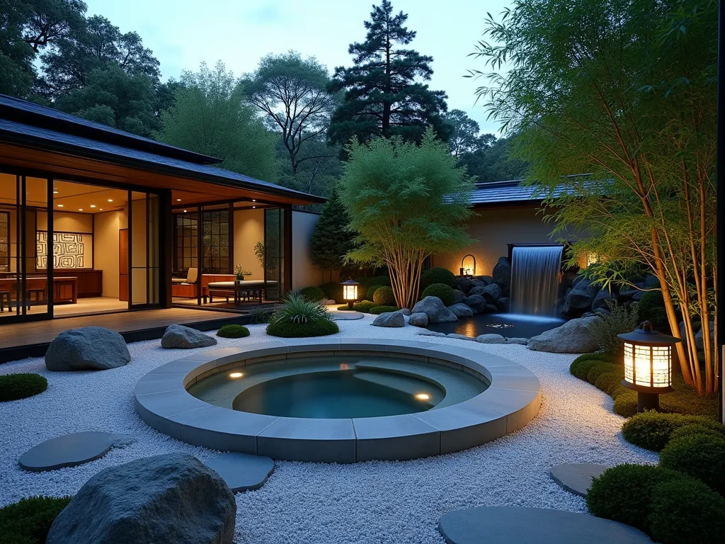 Zen Hot Tub Garden Retreat - A tranquil Asian-inspired garden at dusk featuring a modern circular hot tub seamlessly integrated into a Japanese garden design. The hot tub is surrounded by expertly cloud-pruned Niwaki trees and neat bamboo groves. Traditional stone lanterns cast a warm glow along curved stepping stones. A dramatic bamboo water feature creates a mesmerizing cascade nearby. Natural rock formations and carefully placed boulders define distinct zones, while traditional wooden screens with geometric patterns provide privacy. The scene is photographed from a wide angle, capturing the interplay of traditional Asian garden elements with contemporary luxury, shot during blue hour with subtle landscape lighting enhancing the peaceful atmosphere. Moss gardens and small islands of white gravel complete the serene composition.