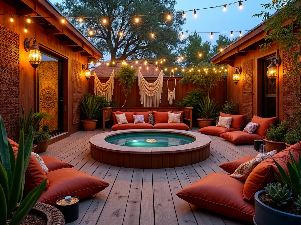 Bohemian Hot Tub Oasis at Twilight - A stunning dusk scene of a luxurious wooden deck featuring a circular hot tub surrounded by a bohemian paradise, captured with a wide-angle lens. The hot tub is framed by hanging Moroccan brass lanterns casting warm, intricate light patterns. Plush, jewel-toned floor cushions and leather poufs in rust and ochre tones are artfully scattered on weathered teak decking. Multiple macramé plant hangers suspend trailing plants like String of Pearls and Pothos, while potted succulents and desert grasses create texture at ground level. Vintage carved wooden screens provide privacy, draped with colorful mud cloth textiles and Persian-inspired outdoor fabrics. Twinkling string lights interweave overhead, creating a magical canopy effect. Shot during blue hour with warm lighting emphasizing the cozy, eclectic atmosphere, f/8, ISO 100, 1/125 sec, professional DSLR quality.