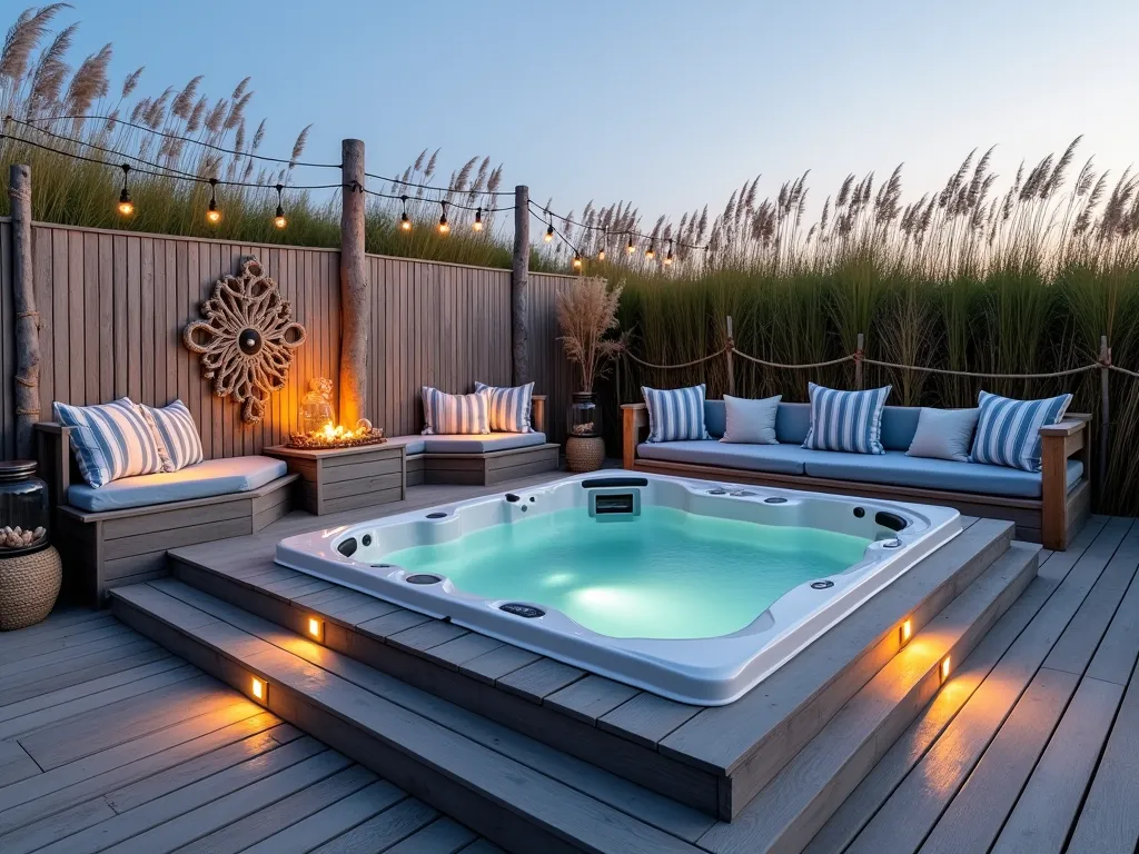 Coastal Beach Hot Tub Haven - A luxurious hot tub setting at dusk, photographed with a wide-angle lens capturing a weathered gray deck surrounding a modern hot tub. Natural coastal grasses and sea oats sway in the background against a slatted sandy-beige privacy screen. Weathered driftwood art pieces are artfully arranged, while rope-wrapped posts support subtle outdoor string lighting. Blue and white striped cushions adorn built-in deck seating, complemented by weathered teak furniture. Coastal decorative elements include large glass vessels filled with sea shells and strategic uplighting creating a warm, inviting atmosphere. The composition shows the entire space from a 45-degree angle, emphasizing the seamless integration of the beach theme with modern luxury.