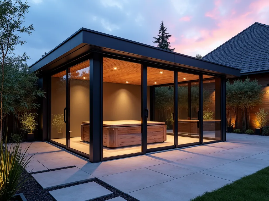 Luxurious Glass-Enclosed Hot Tub Pavilion - A stunning twilight photograph of a contemporary glass-enclosed hot tub pavilion in a modern garden setting. The minimalist glass structure features sleek aluminum frames and floor-to-ceiling sliding panels, partially opened to reveal a premium wooden-decked hot tub inside. Subtle LED lighting illuminates the structure from within, creating a warm ambient glow. The surrounding landscape includes modern geometric planters with ornamental grasses and bamboo for privacy. Automated fabric blinds are partially lowered on one side. The structure is photographed from a wide angle showing the integration with a modern stone patio, while capturing the reflection of the sunset sky on the glass panels. Shot with dramatic depth of field highlighting both architectural details and garden elements.