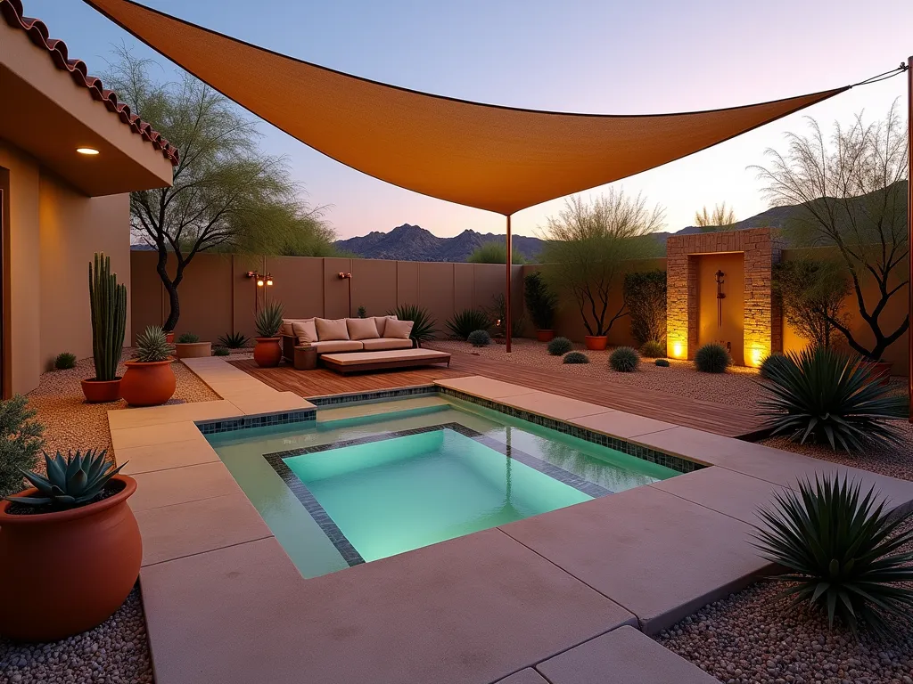 Luxurious Desert Hot Tub Oasis - A stunning wide-angle dusk photograph of a modern hot tub nestled in a meticulously designed desert garden landscape. The hot tub features smooth sand-colored stone surrounds, complemented by geometric arrangements of barrel cacti and agave plants. A modern triangular sand-colored shade sail floats overhead, casting artistic shadows. Terra cotta planters of various sizes contain carefully arranged succulents, while desert pebbles and crushed stone create elegant pathways. Warm ambient lighting illuminates the space, with the setting sun casting a golden glow across the weathered wooden deck. The composition includes a sleek outdoor shower with copper fixtures and a contemporary lounging area with desert-toned cushions. Shot with a DSLR camera, f/8 aperture, capturing the rich textures and sunset colors of the southwestern design.