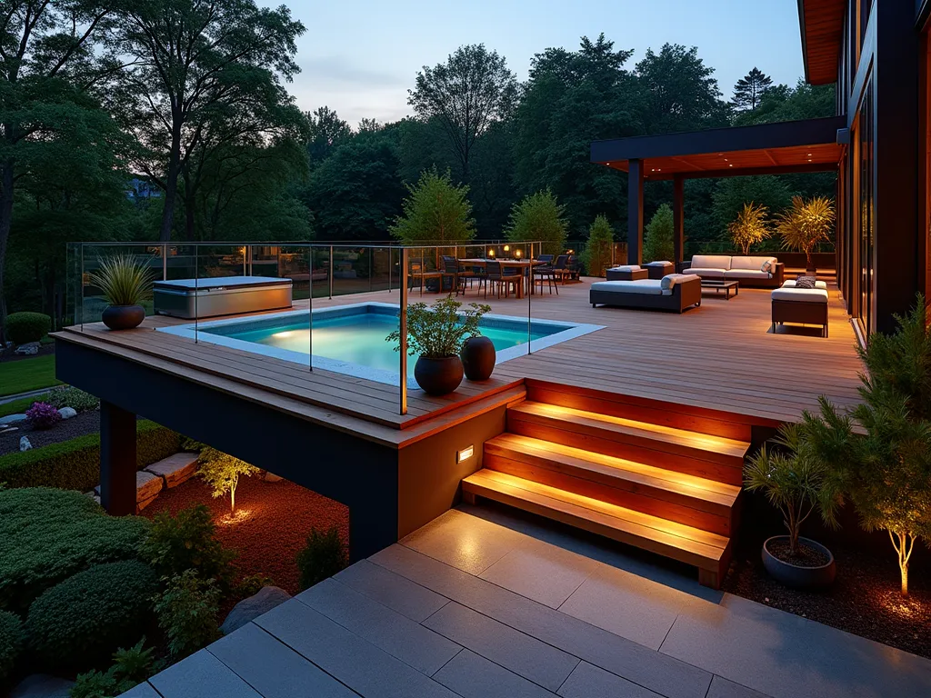 Luxury Elevated Hot Tub Deck at Twilight - A modern elevated wooden deck featuring a premium hot tub surrounded by frameless glass balustrades, captured at twilight. The deck includes built-in cedar benches with plush waterproof cushions and strategic LED lighting. Elegant tall ceramic planters showcase cascading ornamental grasses and flowering Japanese maples. The perspective is a wide-angle shot from a lower garden level, highlighting the floating appearance of the deck against a backdrop of layered garden landscaping with mature trees. Warm deck lighting creates an intimate ambiance, while subtle landscape lighting illuminates the garden below. Modern steel stairs with glass panels lead up to the deck, completing the luxurious retreat atmosphere.