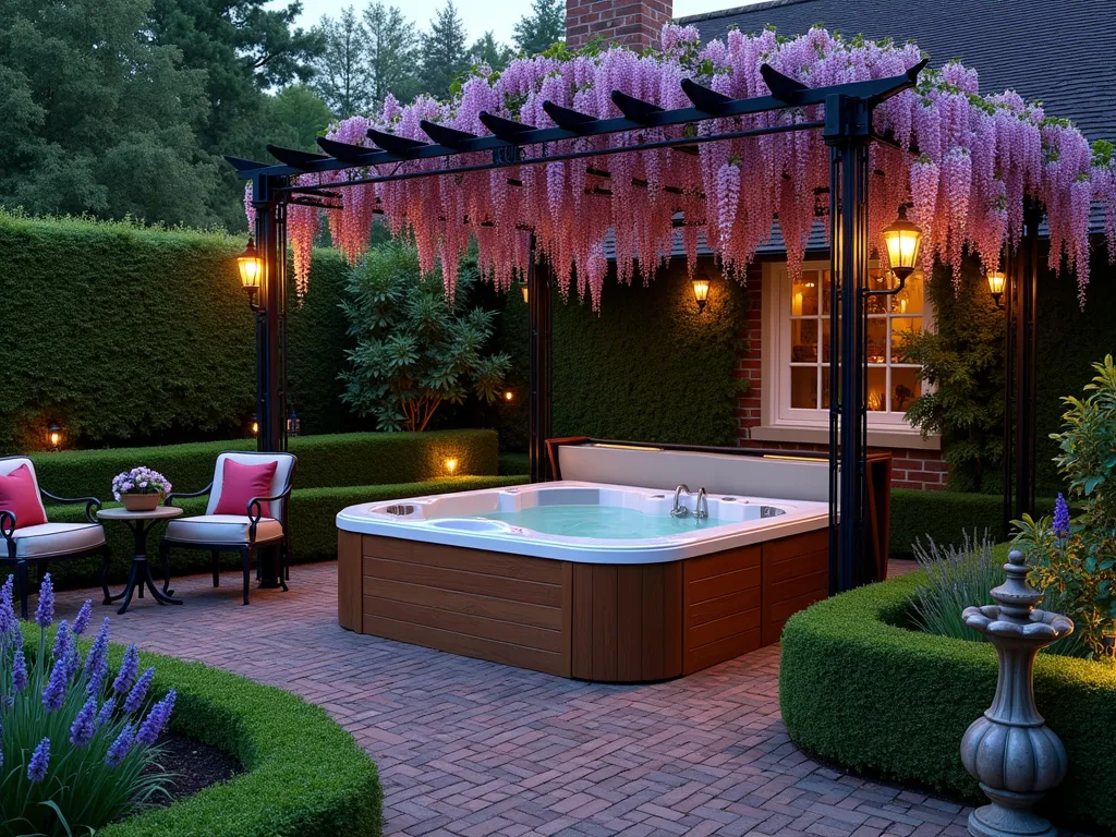 Luxurious English Garden Hot Tub Retreat - A serene twilight scene of a luxurious hot tub nestled within a traditional English garden setting, photographed in wide angle. The hot tub is surrounded by meticulously manicured boxwood hedges and climbing pink David Austin roses on an elegant wrought iron pergola. Cascading purple wisteria drapes overhead, creating a romantic canopy. Classic brick pathways with weathered terra cotta planters lead to the hot tub area. Lush perennial borders featuring lavender, delphinium, and foxgloves provide depth and color. Vintage-inspired cast iron garden furniture with plush cushions sits nearby. Traditional garden ornaments including a weathered stone fountain and classic lead planters complete the scene. Warm landscape lighting creates a magical atmosphere, with soft illumination highlighting the architectural elements and plantings. Professional photography, highly detailed, atmospheric lighting, 8k resolution.