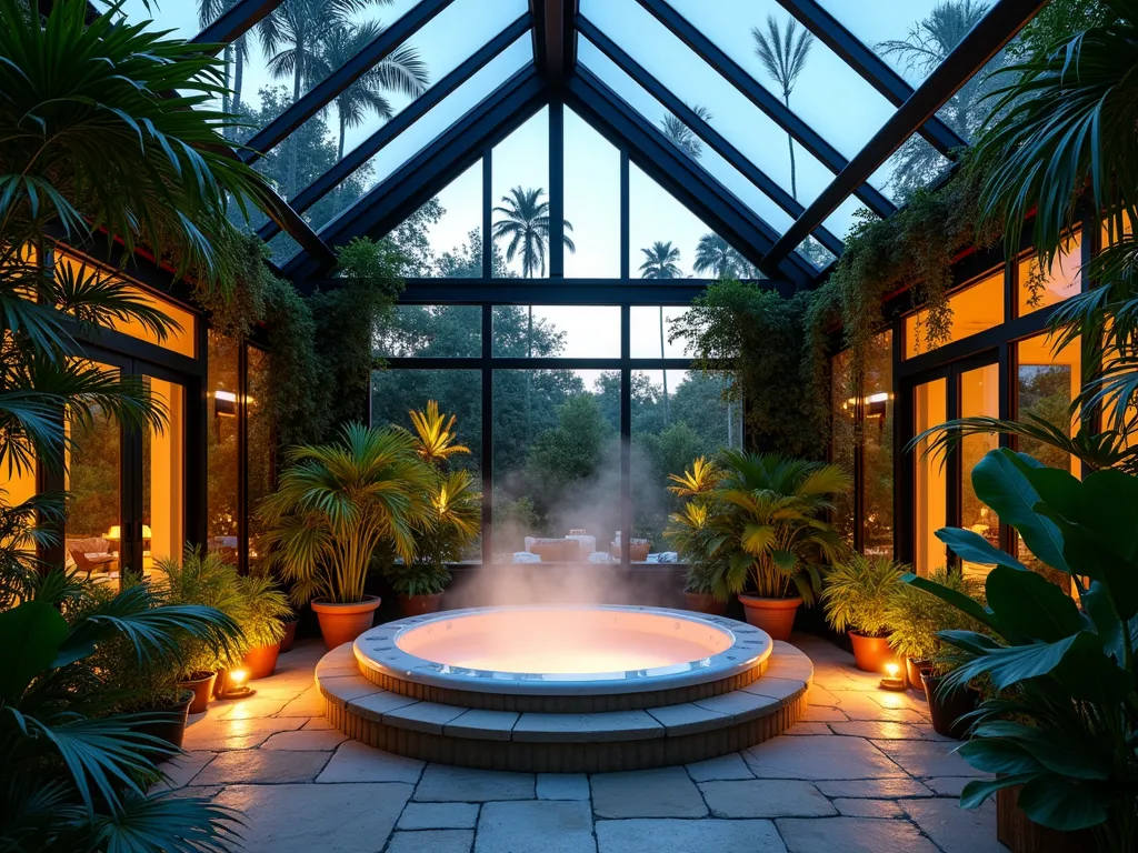 Luxurious Greenhouse Hot Tub Sanctuary - A stunning wide-angle twilight shot of a modern glass greenhouse structure housing a circular hot tub, captured with a 16-35mm lens at f/2.8, ISO 400. Lush tropical plants cascade from vertical garden walls, while exotic palm fronds create natural privacy screens. Soft LED uplighting illuminates the greenhouse's architectural frame and highlights the steam rising from the hot tub. Automated glass panels are partially opened, creating an ethereal indoor-outdoor atmosphere. Hanging plants and climbing vines frame the space, while ambient lighting reflects off the greenhouse glass. The hot tub is surrounded by natural stone pavers and bordered by potted monstera and bird of paradise plants. Retractable shade screens are partially visible, and a gentle mist creates a dreamy tropical atmosphere.