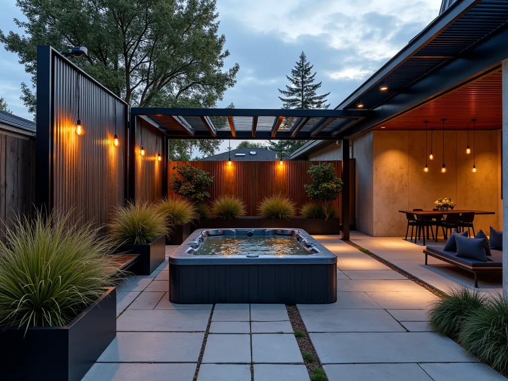 Modern Industrial Hot Tub Retreat - A dramatic dusk scene of a luxurious hot tub area featuring weathered corrugated metal panels and exposed steel beam pergola, photographed from a wide angle. The rectangular hot tub is surrounded by contemporary concrete pavers and industrial-style metal planters filled with tall Calamagrostis grasses and spiky Phormium. Pendant Edison bulb lighting fixtures hang from steel cables, casting a warm glow. Powder-coated black metal privacy screens with geometric patterns create depth. Raw concrete walls contrast with the softness of Mexican feather grass swaying in the breeze. Modern lounge furniture with charcoal cushions completes the industrial aesthetic. Architectural photography style with dramatic shadows and ambient lighting.