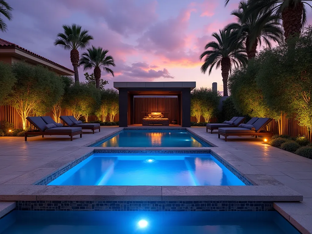 Luxurious Pool and Hot Tub Integration at Twilight - Ultra-wide angle twilight shot of a luxurious modern backyard featuring a seamlessly integrated infinity-edge hot tub overlooking a swimming pool, captured with a 16-35mm lens at f/2.8, ISO 400. The hot tub appears to float above the pool, with water gracefully cascading over its infinity edge. Natural stone decking in warm grey tones surrounds both water features, creating a unified space. Modern LED strip lighting illuminates the water's edge with a soft blue glow, while strategically placed uplights highlight architectural bamboo and tropical plants. Contemporary lounge furniture in weathered teak and charcoal fabric frames the scene, with privacy screening provided by mature palm trees and structural bamboo. The composition captures the reflection of the purple-orange sunset sky in both water features, emphasizing their visual connection.