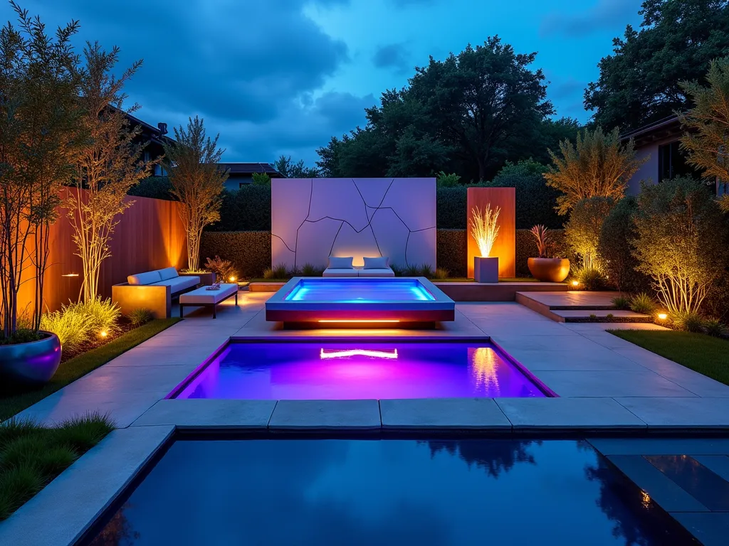 Modern Art Hot Tub Sanctuary - A stunning twilight photograph of a modern garden hot tub installation, captured with a wide-angle 16-35mm lens at f/2.8, ISO 400. The hot tub is surrounded by geometric metallic sculptures in copper and brushed steel that reflect LED uplighting in deep blues and purples. Sleek concrete platforms at varying heights create a minimalist architectural layout. Large-scale abstract art panels in white and silver provide a dramatic backdrop. Strategic placement of architectural plants like Black Bamboo and Silver Ghost Eucalyptus create organic sculptural elements. Modern glass fire features cast dancing shadows across the space. The hot tub itself features a floating illuminated canopy with clean lines and integrated RGB lighting that creates a mesmerizing reflection on the water's surface. The composition emphasizes the interplay between natural and artificial elements in this contemporary outdoor art installation.