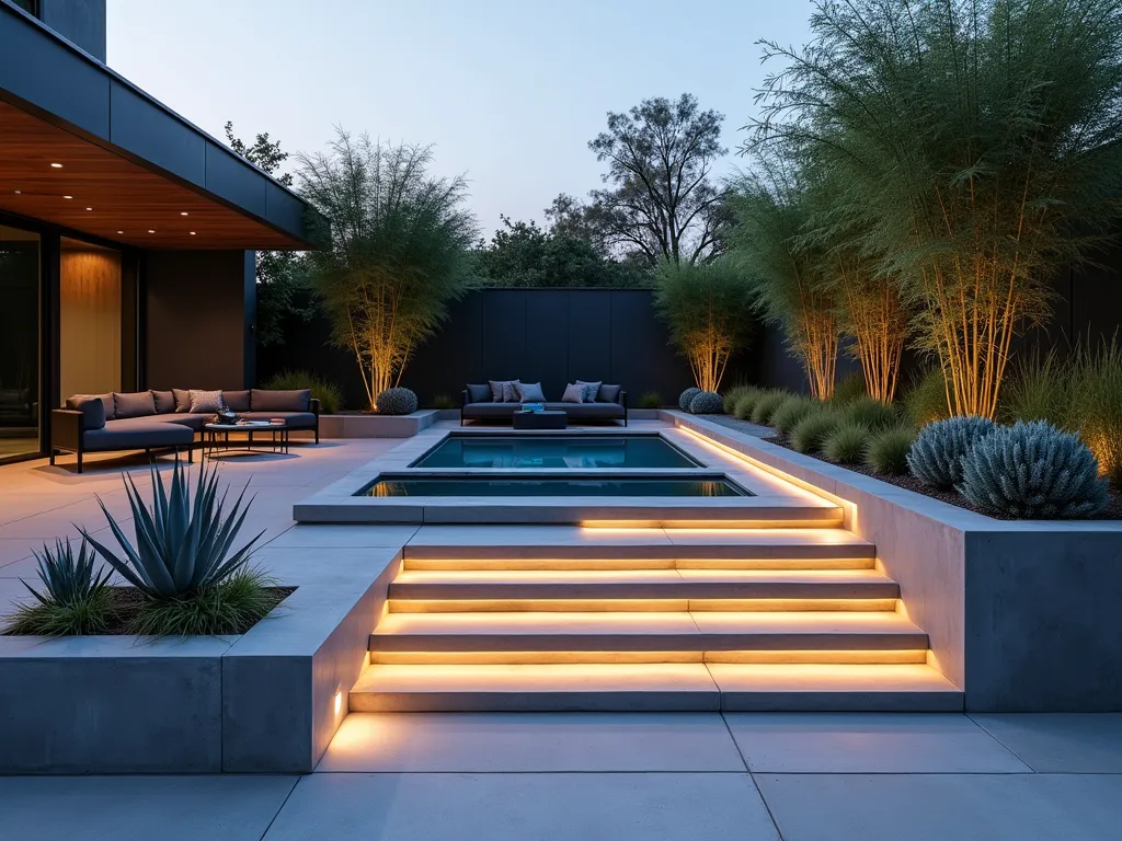 Modern Minimalist Hot Tub Oasis - Stunning twilight photography of a modern outdoor hot tub space featuring a sleek concrete surround with clean geometric patterns, shot from a elevated 45-degree angle. The hot tub is nestled within multi-level concrete platforms with subtle LED strip lighting glowing along the steps in cool white. Integrated rectangular concrete planters contain modern arrangements of silver-blue Echeveria and spiky Agave succulents. The industrial-chic design is softened by background Japanese Forest Grass and tall Bamboo creating an ethereal contrast against the smooth concrete surfaces. Minimalist outdoor furniture in charcoal grey complements the space, while the golden hour lighting casts dramatic shadows across the geometric patterns.