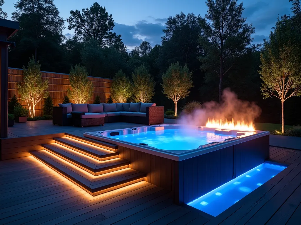 Modern Hot Tub with Linear Fire Feature - A stunning twilight photograph of a luxurious modern hot tub installation on a dark composite deck, shot with a wide-angle 16-35mm lens at f/2.8. The scene features a sleek rectangular hot tub with minimalist design, adjacent to a dramatic 6-foot linear fire feature with dancing blue flames. The deck is finished in rich espresso-colored composite material, creating a sophisticated backdrop. Subtle LED strip lighting illuminates the deck steps and tub perimeter. Modern geometric planters with architectural grasses frame the space. The composition captures steam rising from the hot tub's surface, meeting the warm glow of the fire feature, creating an ethereal atmosphere. High-end outdoor furniture in charcoal gray complements the space, while the background shows soft landscape lighting highlighting contemporary bamboo screens for privacy.