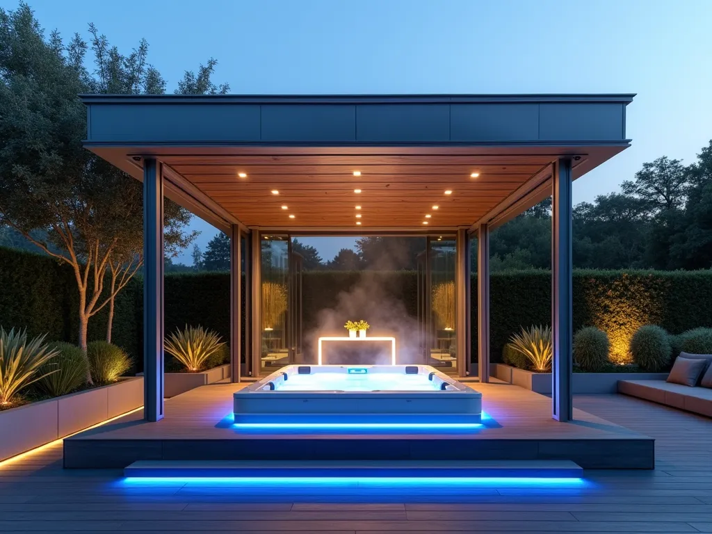 Luxurious Modern Hot Tub Pavilion at Dusk - A stunning wide-angle shot of a contemporary garden pavilion at dusk, featuring a sleek hot tub as its centerpiece. The minimalist structure has adjustable metallic silver louvers and floor-to-ceiling tempered glass panels that reflect the warm evening light. Modern architectural lines define the flat-roofed pavilion, constructed with brushed aluminum frames. Ambient blue LED strips illuminate the structure's edges and are reflected in the steaming water of the hot tub. Built-in speakers are discretely integrated into the corners. The surrounding deck is made of premium composite materials in a dark charcoal tone. Modern container plants with architectural foliage frame the pavilion, while gentle steam rises from the hot tub's surface, creating an atmosphere of luxury and relaxation. The background shows a manicured garden softly lit by landscape lighting.