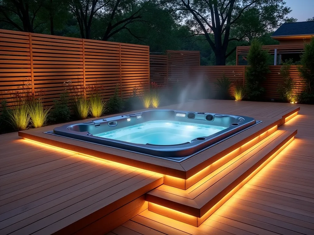 Modern Sunken Cedar Hot Tub Oasis - A twilight scene of a luxurious sunken hot tub seamlessly integrated into a multi-level cedar deck, photographed at a 3/4 angle. The rectangular hot tub is perfectly flush with the rich, honey-toned cedar decking, creating a modern minimalist aesthetic. Built-in LED strip lighting illuminates wide cedar steps leading to the tub. Weathered cedar planks create a sophisticated geometric pattern around the tub, with discrete storage compartments visible through sleek lift-top panels. Soft landscape lighting highlights strategic plantings of ornamental grasses and Japanese maples around the deck's perimeter. Steam gently rises from the crystal-clear water, creating an ethereal atmosphere. Background features a contemporary privacy screen made of horizontal cedar slats. Photorealistic, architectural photography style with dramatic shadows and ambient lighting.