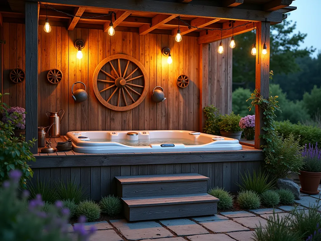 Rustic Barn Wood Hot Tub Retreat - A twilight photograph of a luxurious hot tub nestled against weathered reclaimed barn wood siding, captured with a wide-angle lens. The wooden surround features multi-toned grey and brown planks with natural patina, rising 4 feet around the tub. Rustic wooden steps lead up to the tub, adorned with vintage metal wagon wheels mounted on the surround as artistic elements. Mason jar pendant lights hang from a wooden pergola overhead, casting a warm golden glow across the scene. Antique copper watering cans and garden tools artfully arranged as wall décor. The surrounding patio features natural flagstone, with creeping thyme growing between the stones. Wild cottage garden flowers like lavender and Russian sage soften the edges, while climbing roses begin to wind up the pergola posts. Shot at f/2.8 to create beautiful bokeh effects with the mason jar lighting.