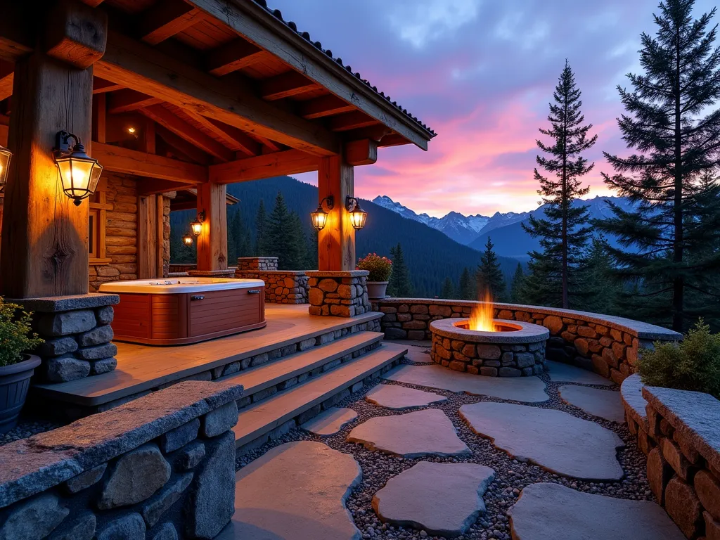 Rustic Mountain Lodge Hot Tub Retreat - A stunning dusk photograph of a luxurious mountain lodge-style hot tub deck, shot from a wide angle. The cedar hot tub is nestled in a natural stone surround with massive reclaimed timber posts supporting a partial pergola. Rustic iron lanterns cast a warm glow, while a stone fire pit crackles nearby. Native blue spruce and mountain laurel frame the scene, with hand-carved granite stepping stones leading to the tub. Dramatic uplighting highlights the weathered wood texture, while the mountains silhouette against the purple-orange sunset sky. Captured with a DSLR camera, wide-angle lens at f/8, ISO 100, 1/125 sec, emphasizing the rich textures and ambient lighting.