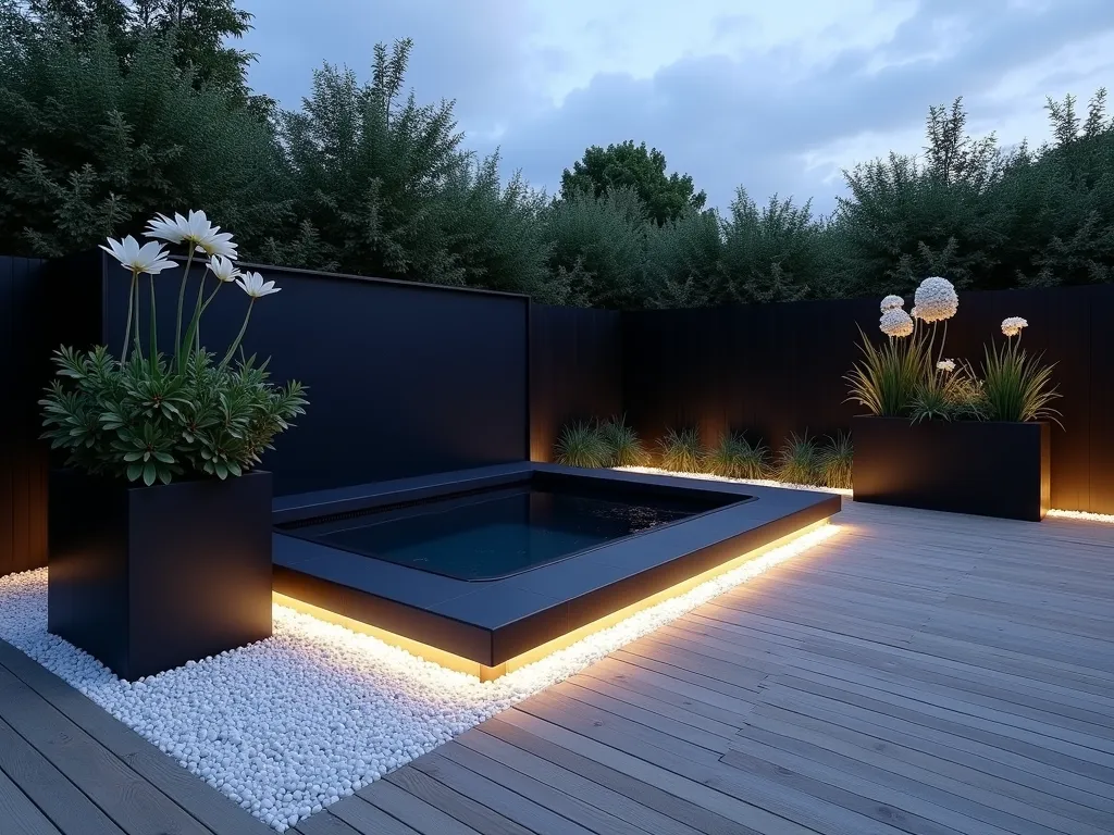 Modern Scandinavian Hot Tub Garden Retreat - A twilight scene of a modern Scandinavian garden space featuring a sleek black hot tub nestled into light blonde wooden decking. The minimalist design showcases clean geometric lines, with white pebble borders that glow softly from hidden LED strip lighting. Matte black rectangular planters of varying heights contain sculptural Swedish ivy and white flowering peace lilies, creating a stark contrast. The wide-angle composition captures the serene Nordic atmosphere, with strategic uplighting highlighting the contemporary design elements. A simple black privacy screen adds depth while maintaining the minimalist aesthetic. The scene is captured during blue hour, with subtle ambient lighting creating a calm, luxurious atmosphere.