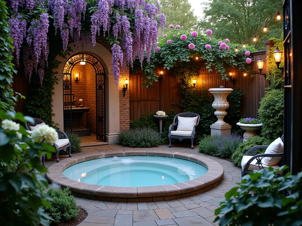 Enchanted Hot Tub Haven - A serene garden hot tub sanctuary at dusk, photographed with a wide-angle lens capturing an intimate curved stone path leading through an ornate wrought-iron arch draped with blooming purple wisteria and climbing pink roses. The circular hot tub is nestled within a lush garden setting, surrounded by tall bamboo screens and architectural cardoons. Boston ivy covers aged brick walls, while classical stone cherub fountains peek through beds of white hydrangeas and lavender. Vintage wrought-iron garden chairs with weathered cushions sit beneath a string of warm garden lights. The scene is bathed in the golden hour's soft light, creating a magical atmosphere with steam gently rising from the hot tub's surface. Shot at f/8, ISO 100, perfectly capturing the romantic garden retreat's depth and ambiance.