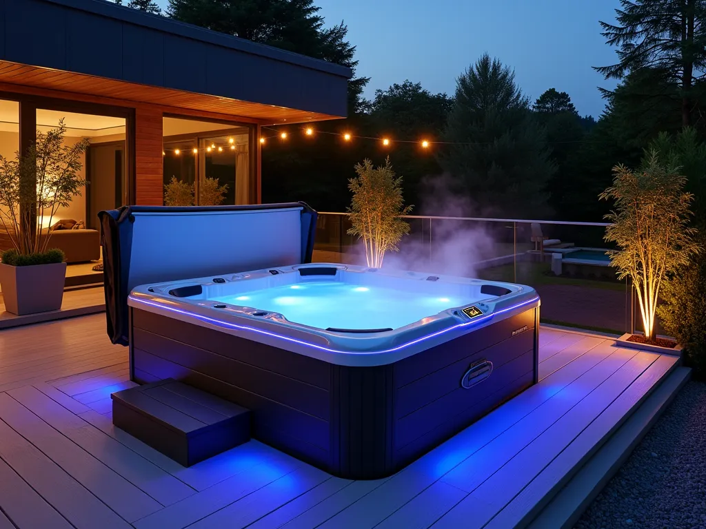 Modern Smart Hot Tub Oasis at Dusk - A luxurious modern hot tub setup photographed at dusk on a raised composite deck, featuring dramatic color-changing LED strips illuminating the surroundings. The smart-enabled hot tub has a sleek automated cover system and is surrounded by minimalist planters with architectural bamboo. A mounted weatherproof touchscreen panel controls temperature and jets, while hidden speakers blend into the deck posts. Subtle landscape lighting creates a moody atmosphere, with steam rising from the water surface. The scene is captured with a wide-angle perspective showing both the hot tub and its tech integration, with soft bokeh effects from string lights overhead. High-end materials including brushed stainless steel fixtures and tempered glass privacy screens complete the sophisticated look. Shot with natural and artificial lighting creating a cinematic ambiance.